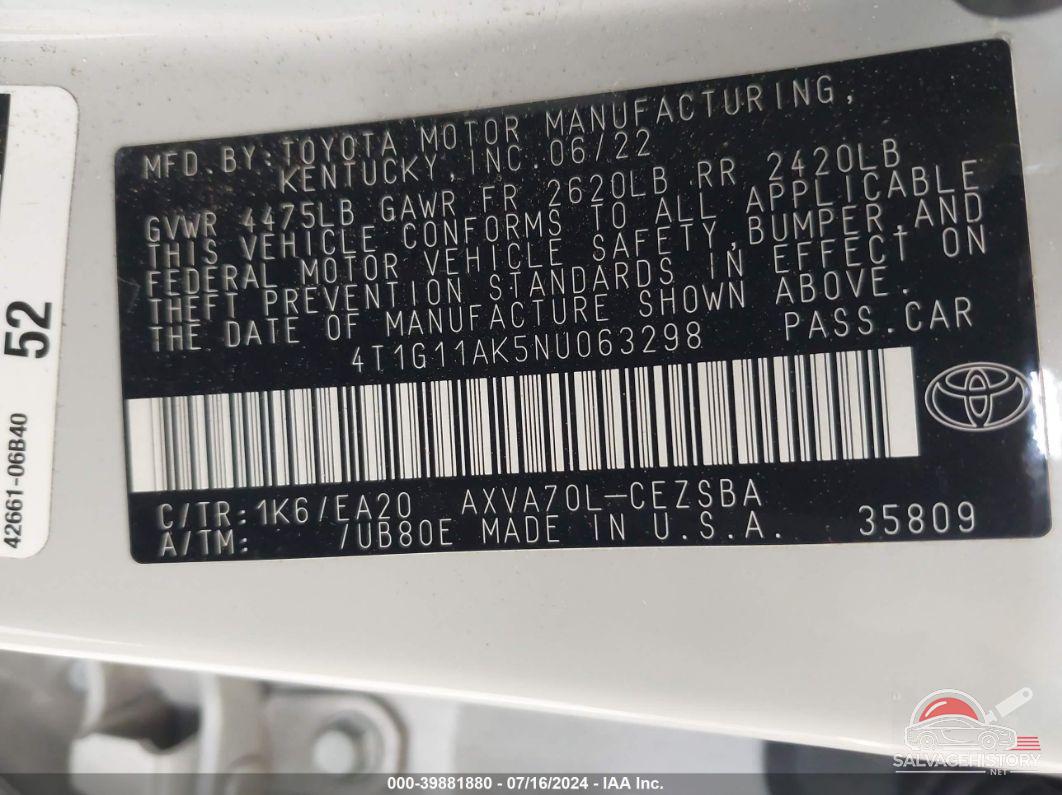 4T1G11AK5NU063298 2022 TOYOTA CAMRY photo no. 9