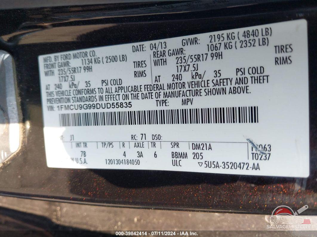 1FMCU9G99DUD55835 2013 FORD ESCAPE photo no. 9