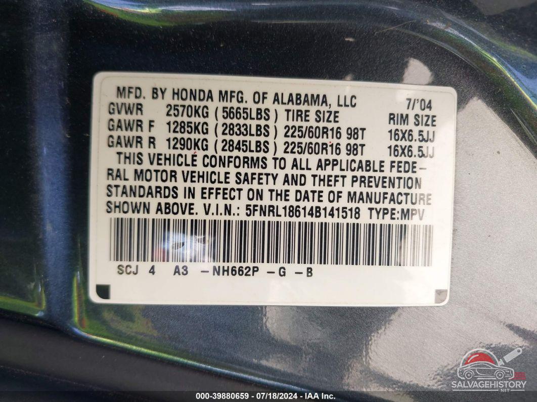 5FNRL18614B141518 2004 HONDA ODYSSEY photo no. 9