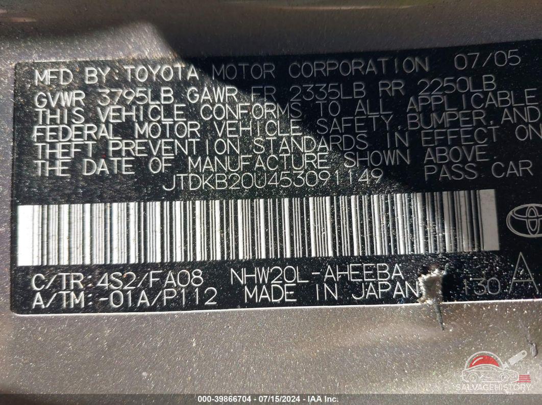 JTDKB20U453091149 2005 TOYOTA PRIUS photo no. 9