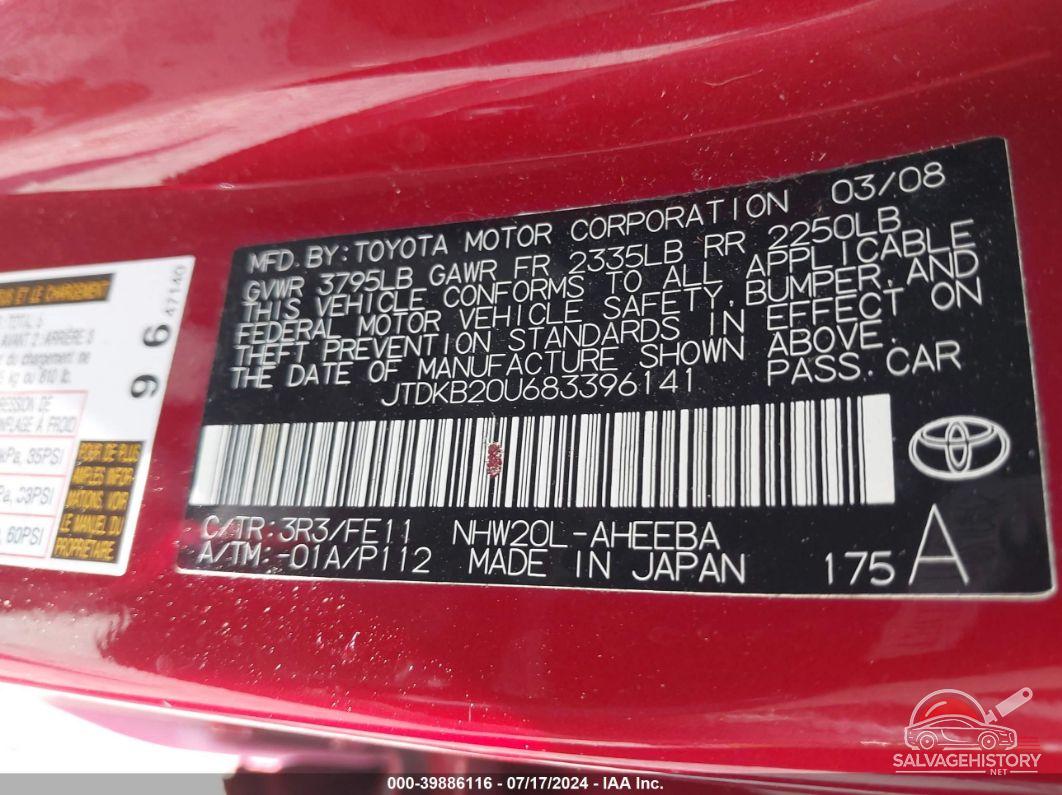 JTDKB20U683396141 2008 TOYOTA PRIUS photo no. 9