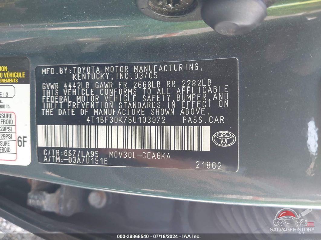 4T1BF30K75U103972 2005 TOYOTA CAMRY photo no. 7