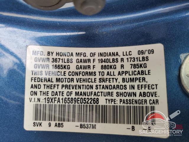 19XFA16589E052268 2009 HONDA CIVIC photo no. 12