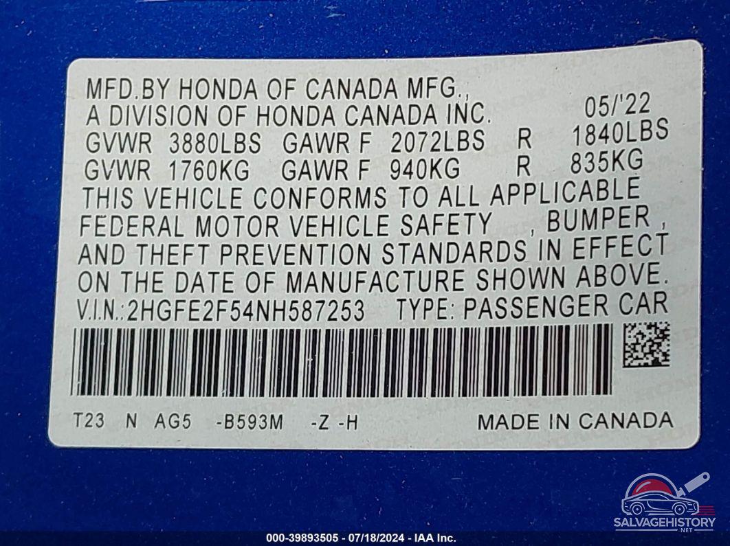 2HGFE2F54NH587253 2022 HONDA CIVIC photo no. 9