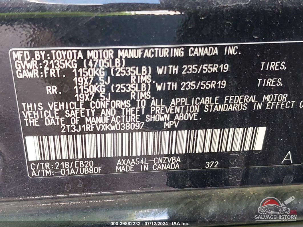 2T3J1RFVXKW038097 2019 TOYOTA RAV4 photo no. 9