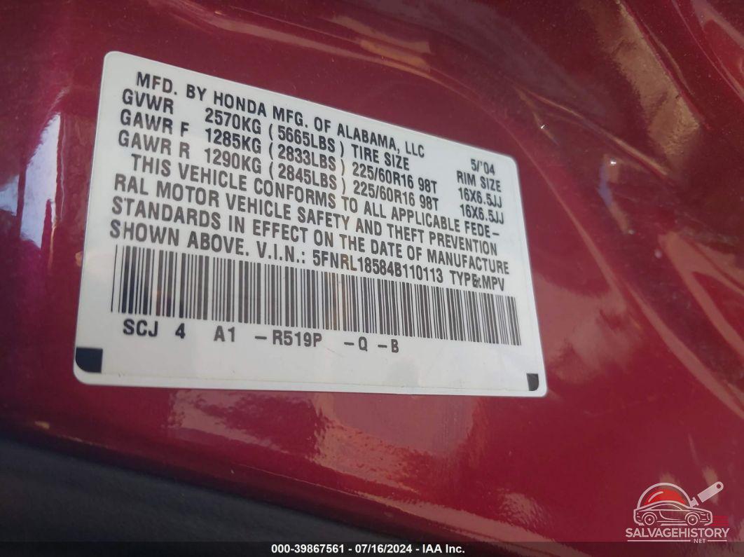 5FNRL18584B110113 2004 HONDA ODYSSEY photo no. 9