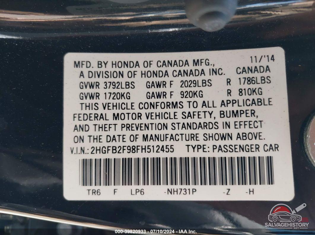 2HGFB2F98FH512455 2015 HONDA CIVIC photo no. 9