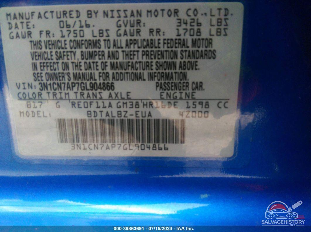 3N1CN7AP7GL904866 2016 NISSAN VERSA photo no. 9