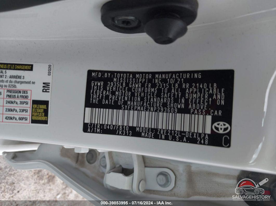 5YFEPMAE2NP293609 2022 TOYOTA COROLLA photo no. 9