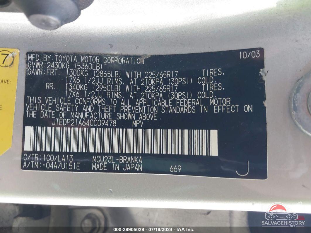 JTEDP21A640009478 2004 TOYOTA HIGHLANDER photo no. 9