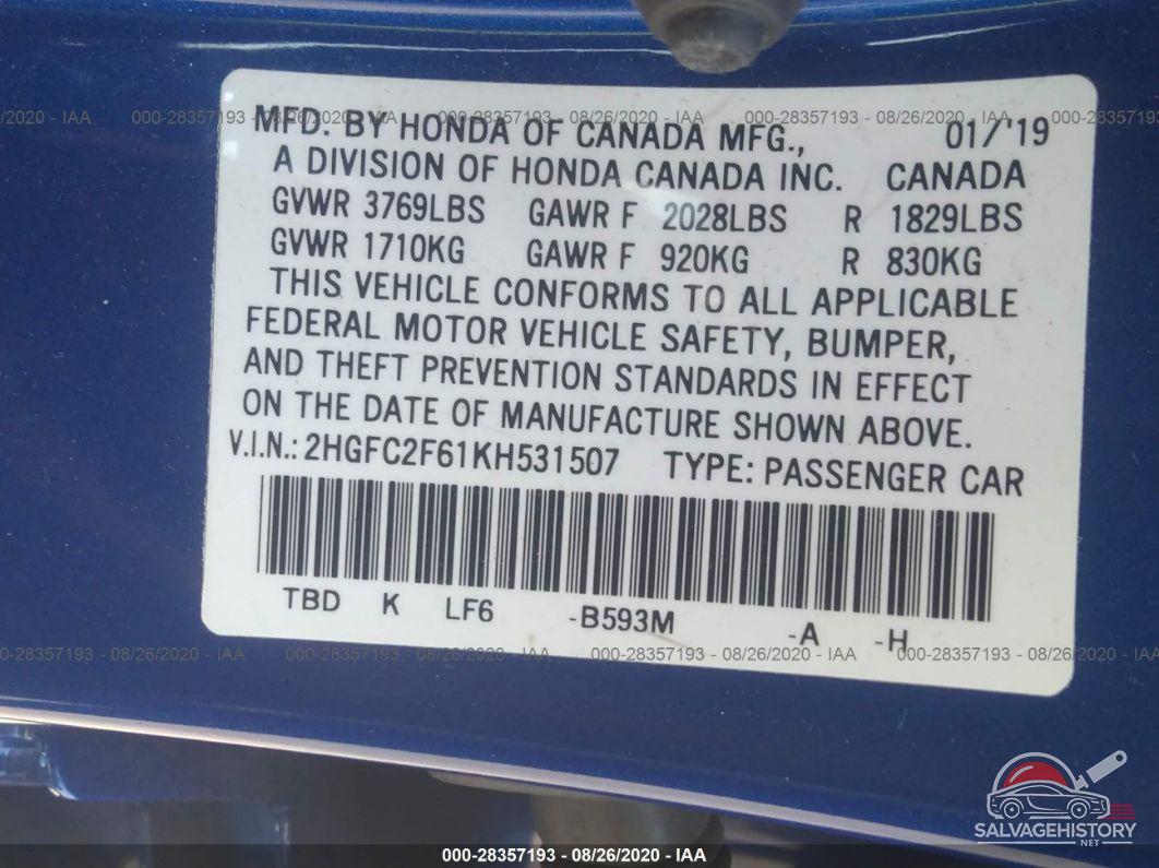 2HGFC2F61KH531507 2019 HONDA CIVIC SEDAN photo no. 9