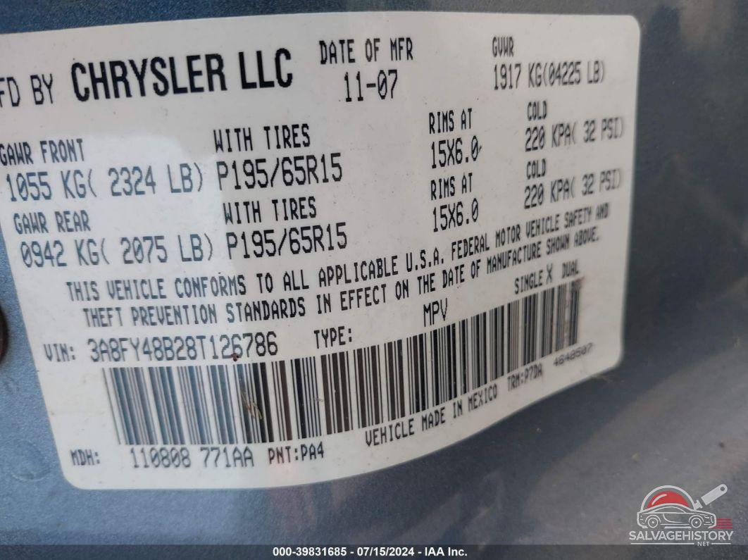 3A8FY48B28T126786 2008 CHRYSLER PT CRUISER photo no. 9