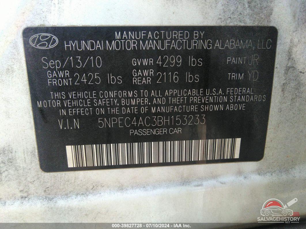 5NPEC4AC3BH153233 2011 HYUNDAI SONATA photo no. 9