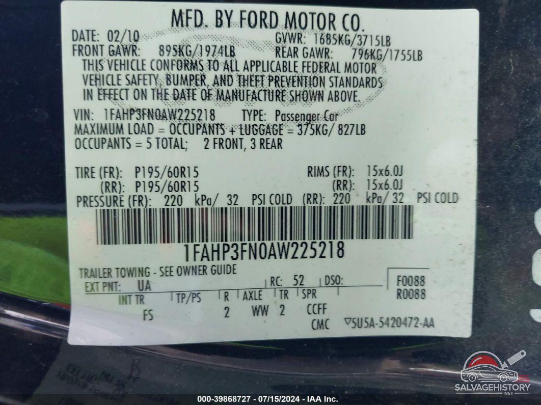 1FAHP3FN0AW225218 2010 FORD FOCUS photo no. 9