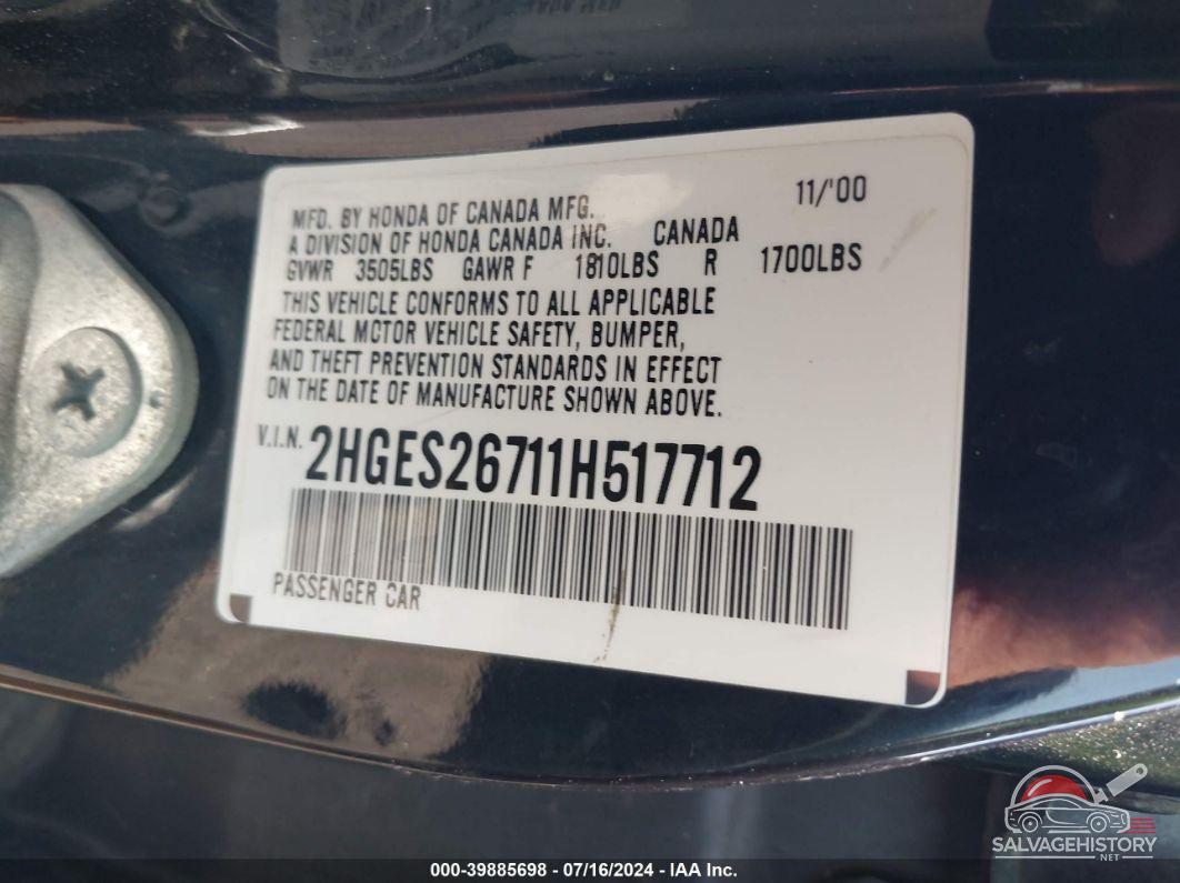 2HGES26711H517712 2001 HONDA CIVIC photo no. 9