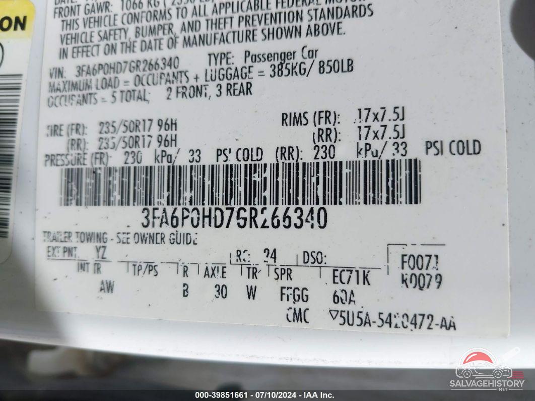 3FA6P0HD7GR266340 2016 FORD FUSION photo no. 9