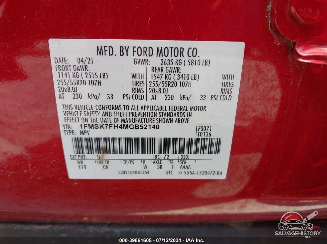 1FMSK7FH4MGB52140 2021 FORD EXPLORER photo no. 9