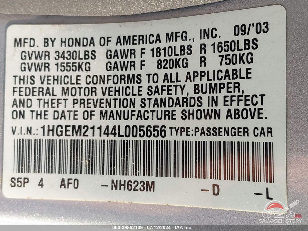 1HGEM21144L005656 2004 HONDA CIVIC photo no. 9