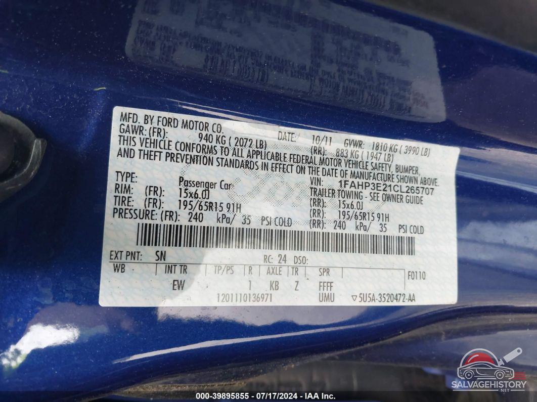 1FAHP3E21CL265707 2012 FORD FOCUS photo no. 9