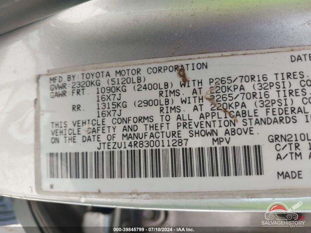 JTEZU14R830011287 2003 TOYOTA 4RUNNER photo no. 9