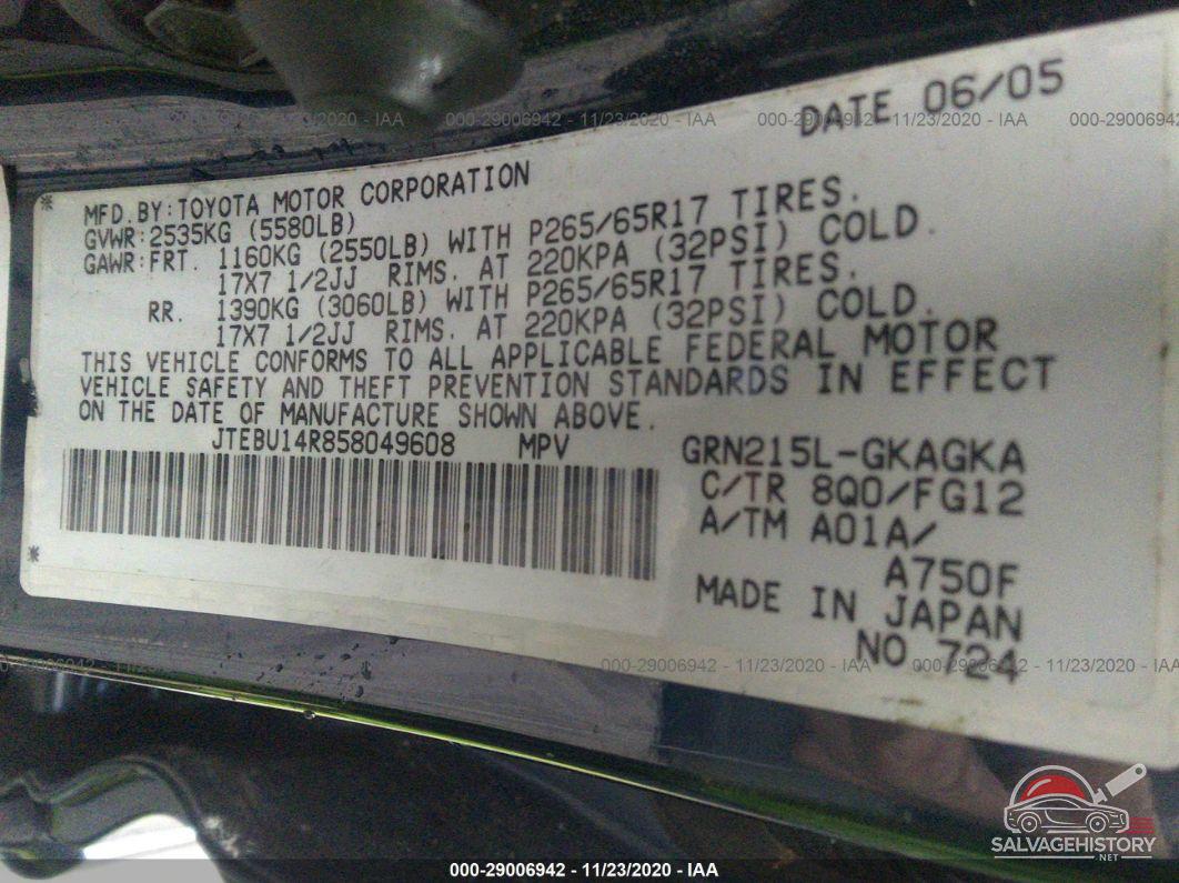 JTEBU14R858049608 2005 TOYOTA 4RUNNER photo no. 9