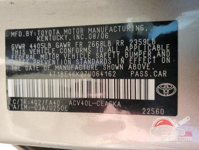 4T1BE46K27U064162 2007 TOYOTA CAMRY photo no. 12