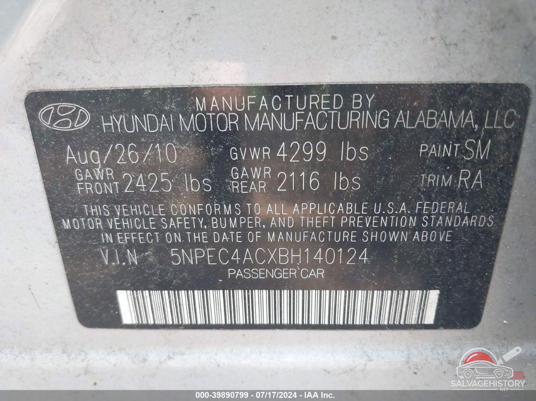 5NPEC4ACXBH140124 2011 HYUNDAI SONATA photo no. 9