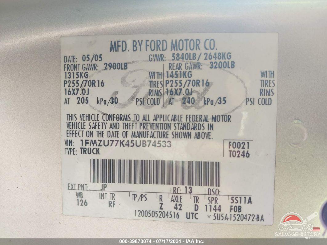 1FMZU77K45UB74533 2005 FORD EXPLORER SPORT TRAC photo no. 9