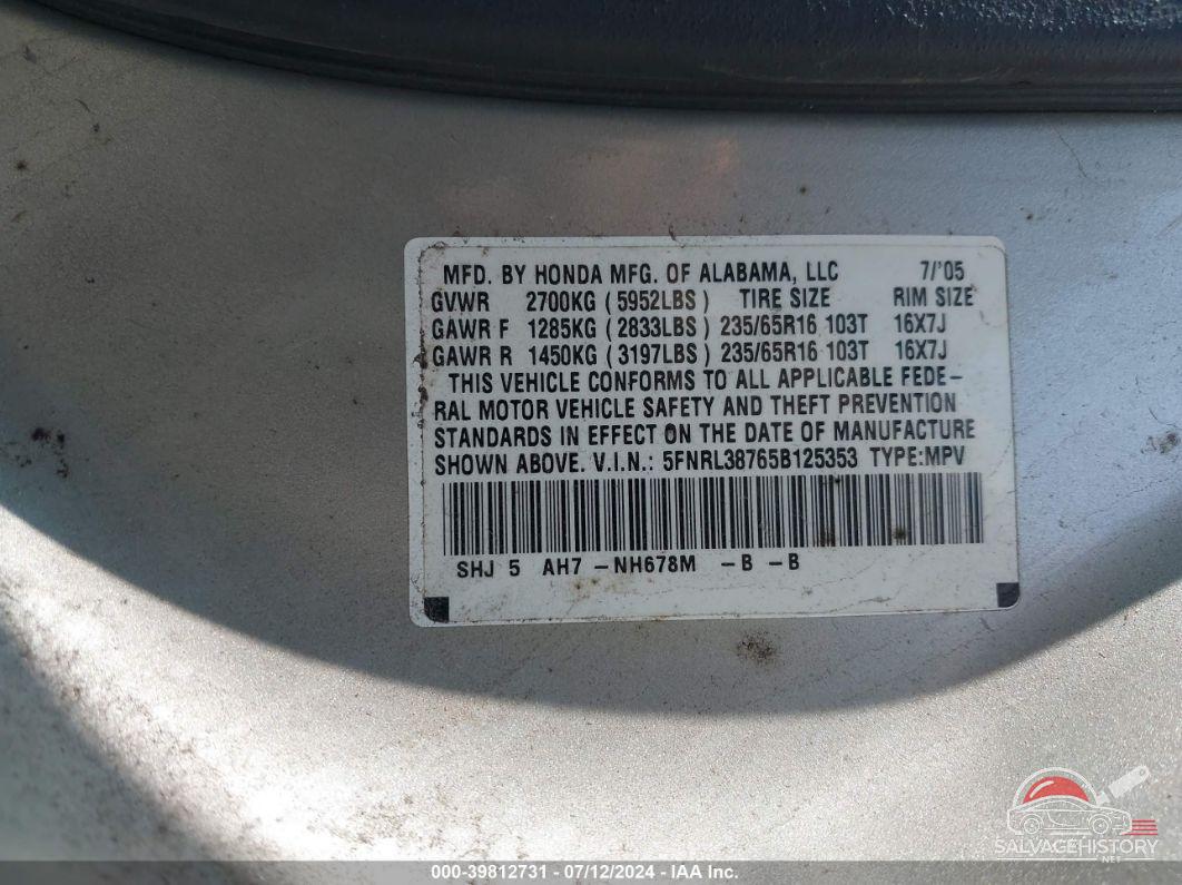 5FNRL38765B125353 2005 HONDA ODYSSEY photo no. 9