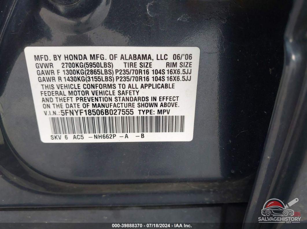 5FNYF18506B027555 2006 HONDA PILOT photo no. 9