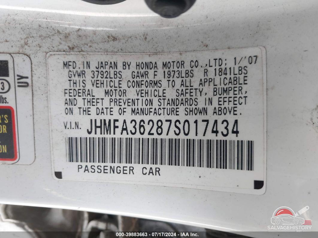 JHMFA36287S017434 2007 HONDA CIVIC HYBRID photo no. 9