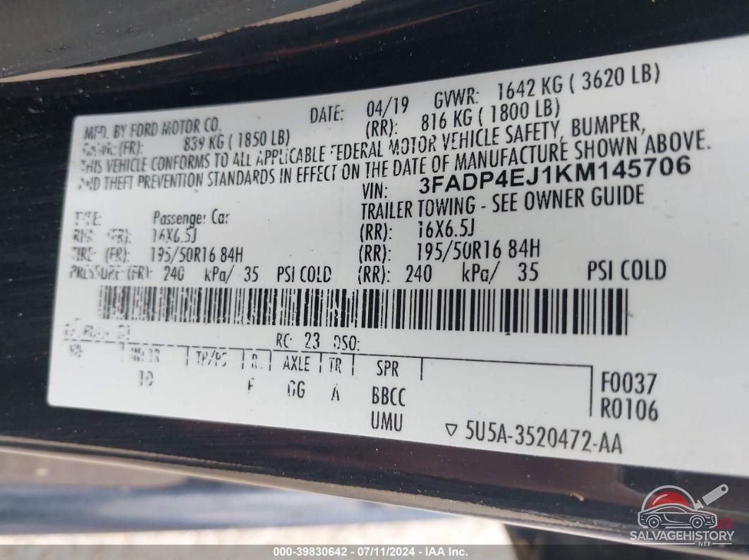 3FADP4EJ1KM145706 2019 FORD FIESTA photo no. 9