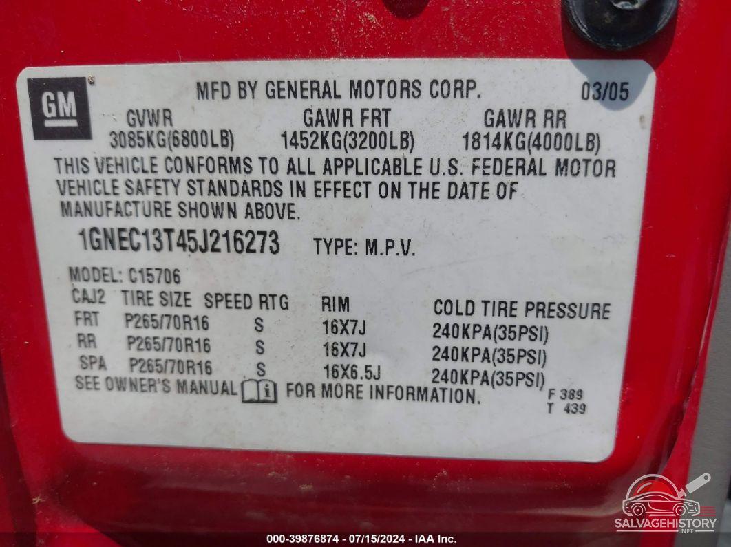 1GNEC13T45J216273 2005 CHEVROLET TAHOE photo no. 9