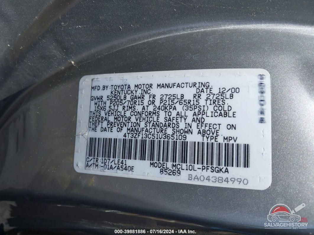 4T3ZF13C51U365109 2001 TOYOTA SIENNA photo no. 9