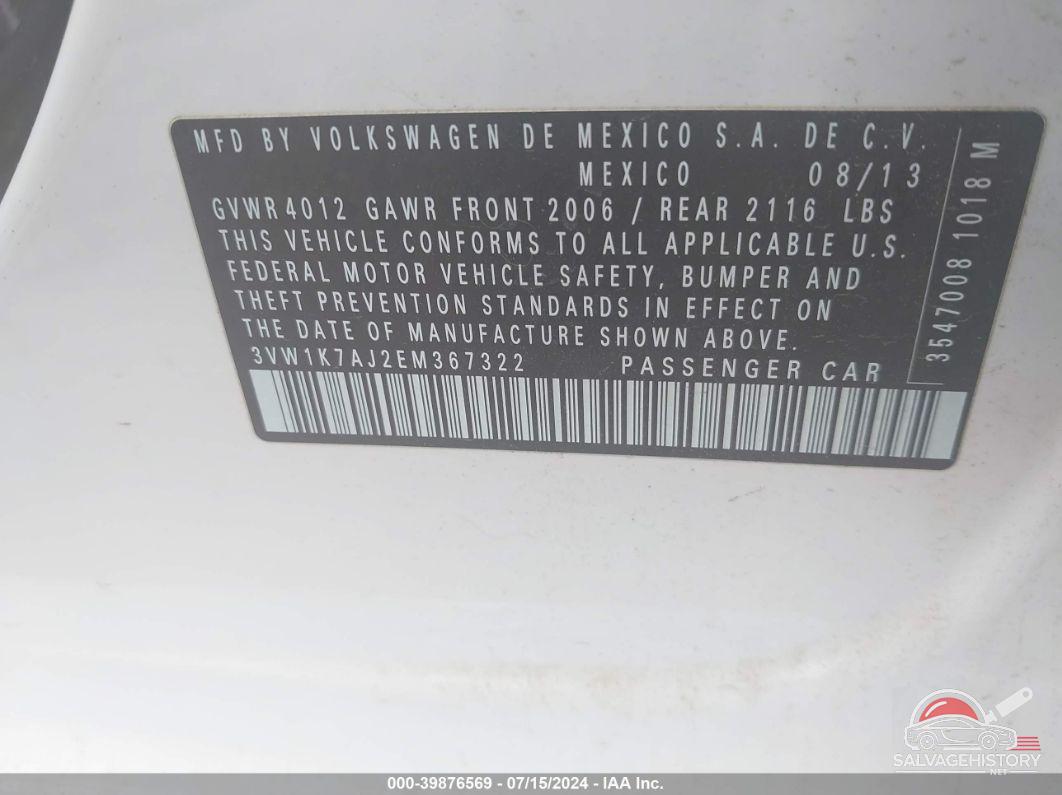 3VW1K7AJ2EM367322 2014 VOLKSWAGEN JETTA photo no. 9