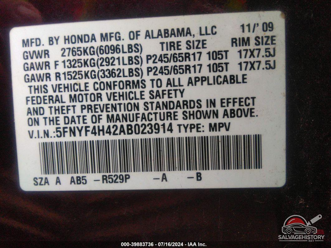 5FNYF4H42AB023914 2010 HONDA PILOT photo no. 7