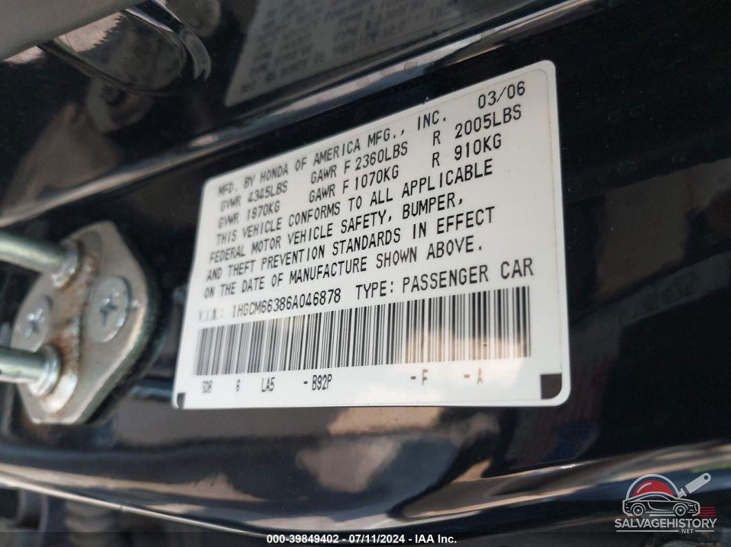1HGCM66386A046878 2006 HONDA ACCORD photo no. 9