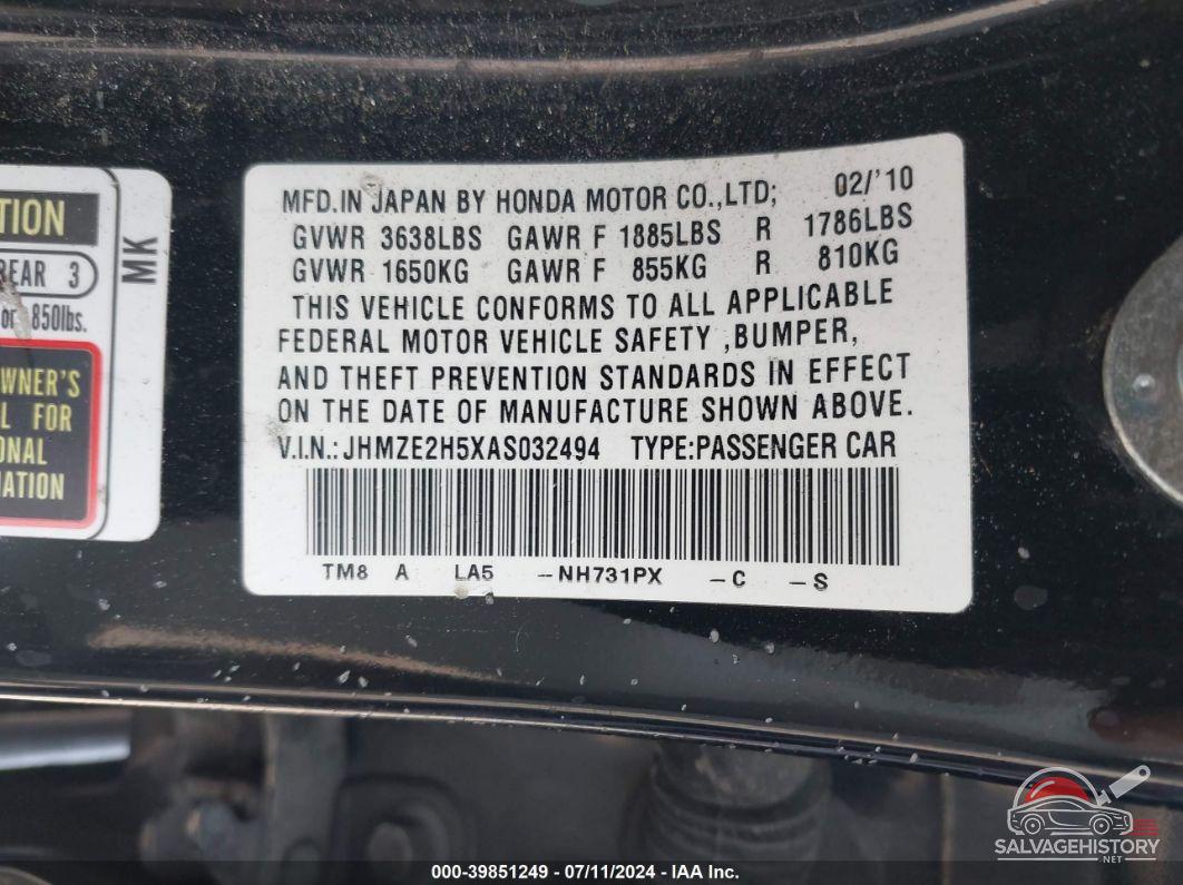 JHMZE2H5XAS032494 2010 HONDA INSIGHT photo no. 9