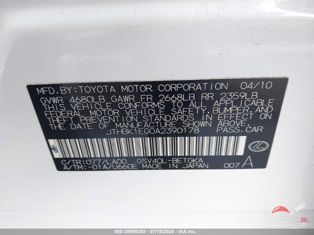 JTHBK1EG0A2390178 2010 LEXUS ES 350 photo no. 9