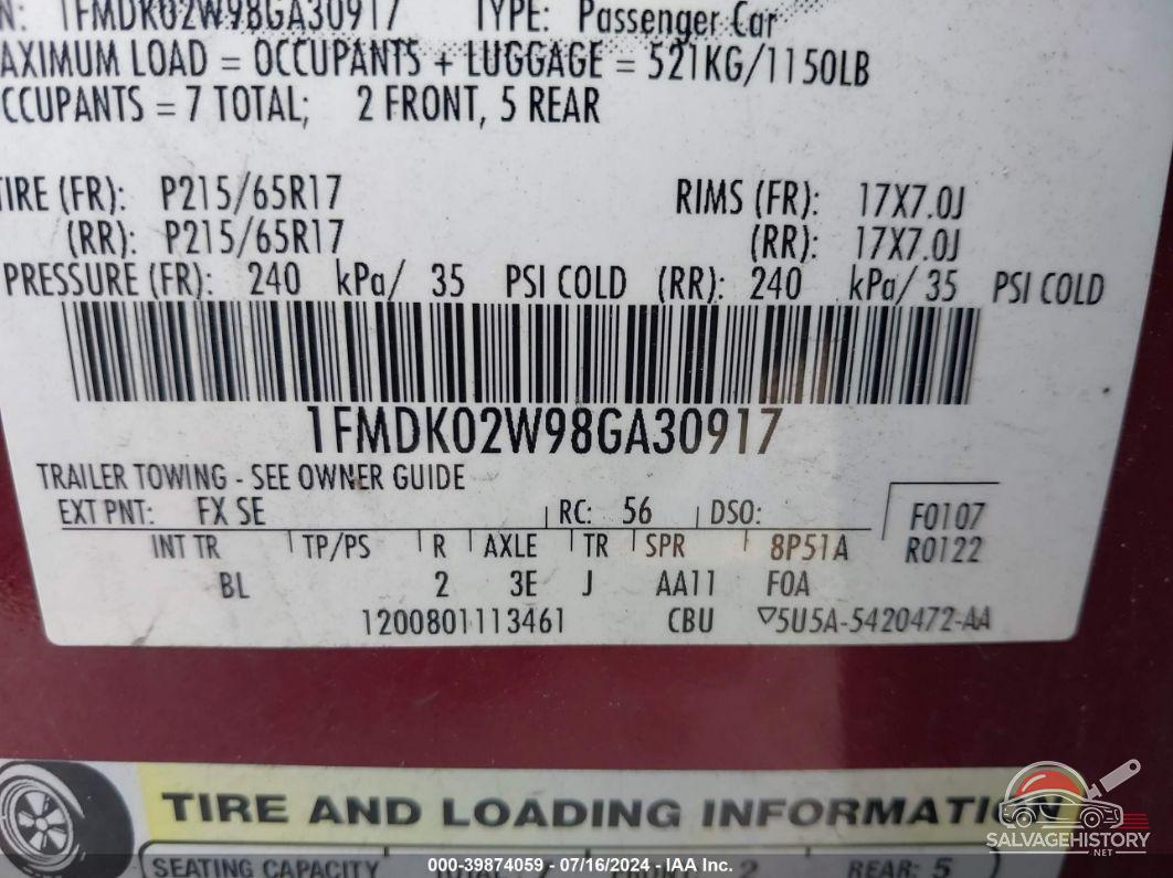 1FMDK02W98GA30917 2008 FORD TAURUS X photo no. 9