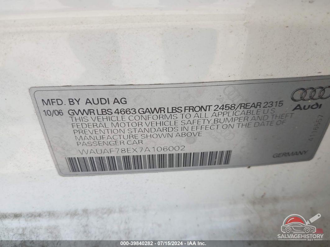 WAUAF78EX7A106002 2007 AUDI A4 photo no. 9