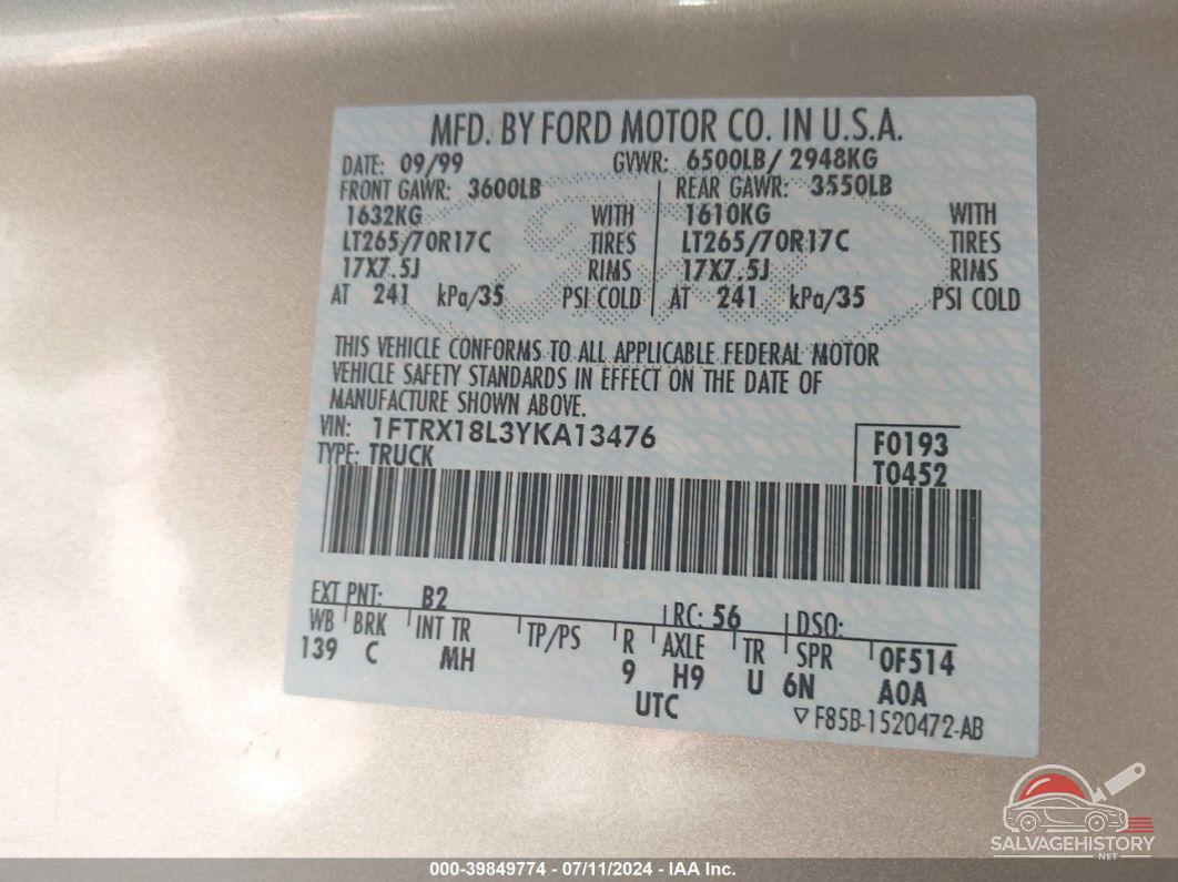 1FTRX18L3YKA13476 2000 FORD F-150 photo no. 9