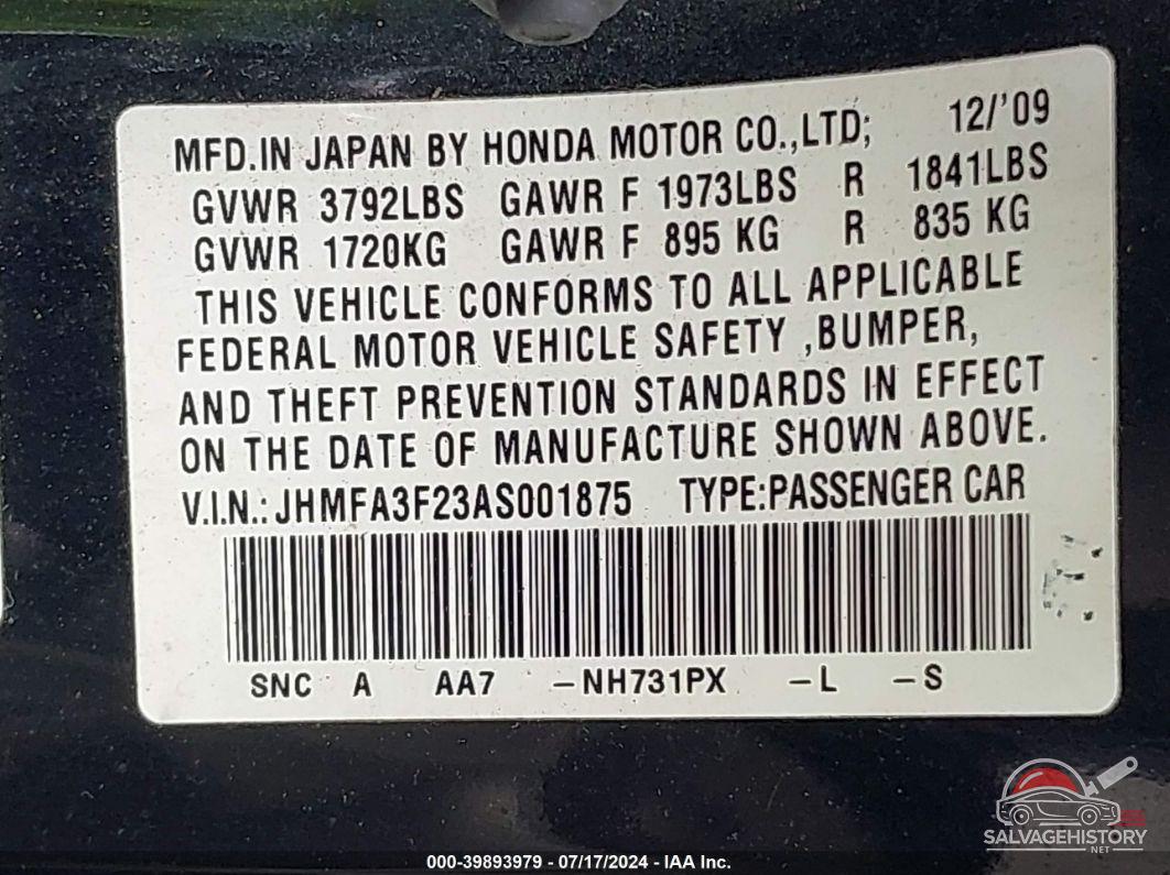 JHMFA3F23AS001875 2010 HONDA CIVIC photo no. 9