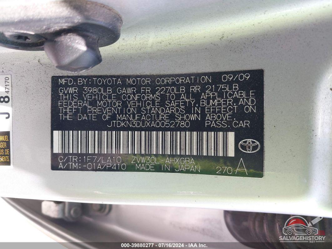JTDKN3DUXA0052780 2010 TOYOTA PRIUS photo no. 9