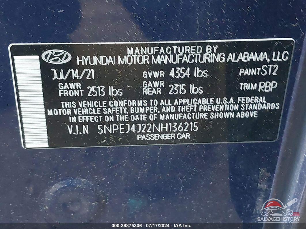 5NPEJ4J22NH136215 2022 HYUNDAI SONATA photo no. 9