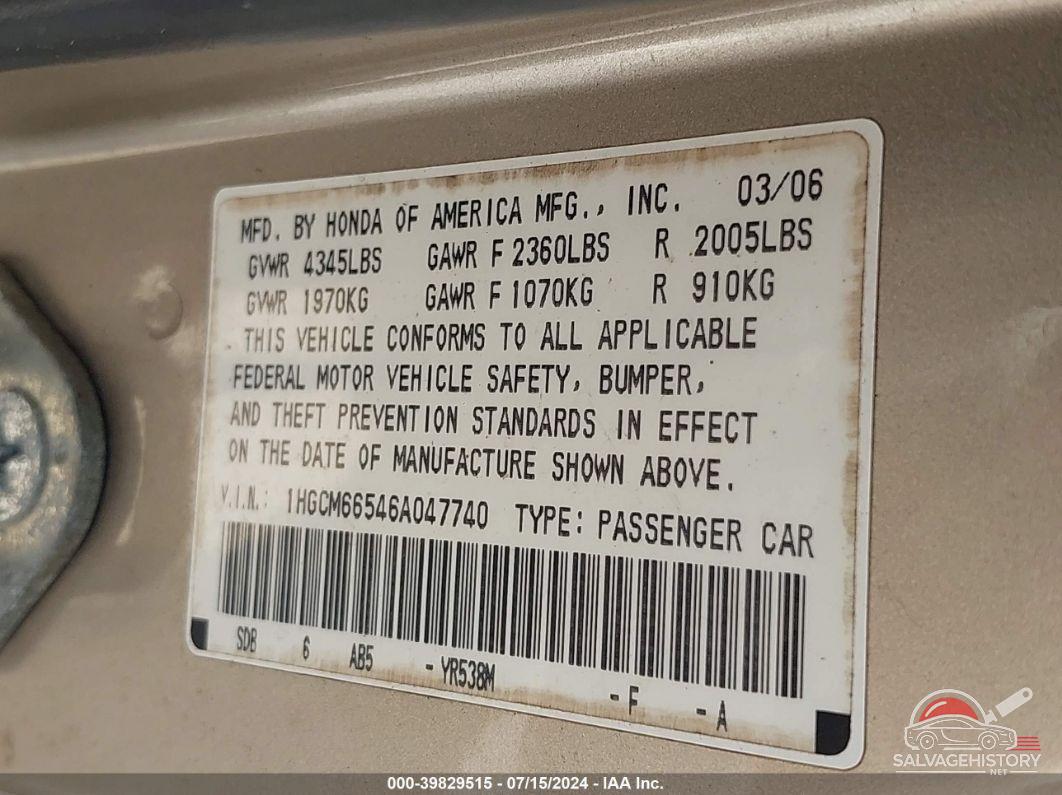 1HGCM66546A047740 2006 HONDA ACCORD photo no. 9