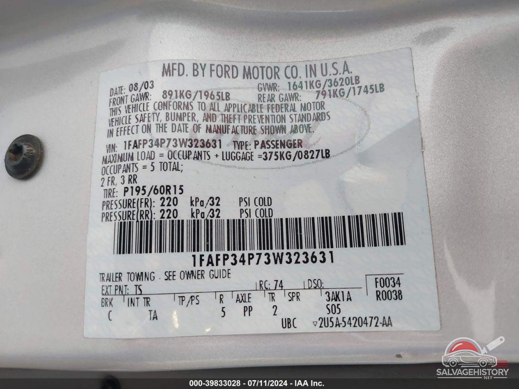 1FAFP34P73W323631 2003 FORD FOCUS photo no. 9