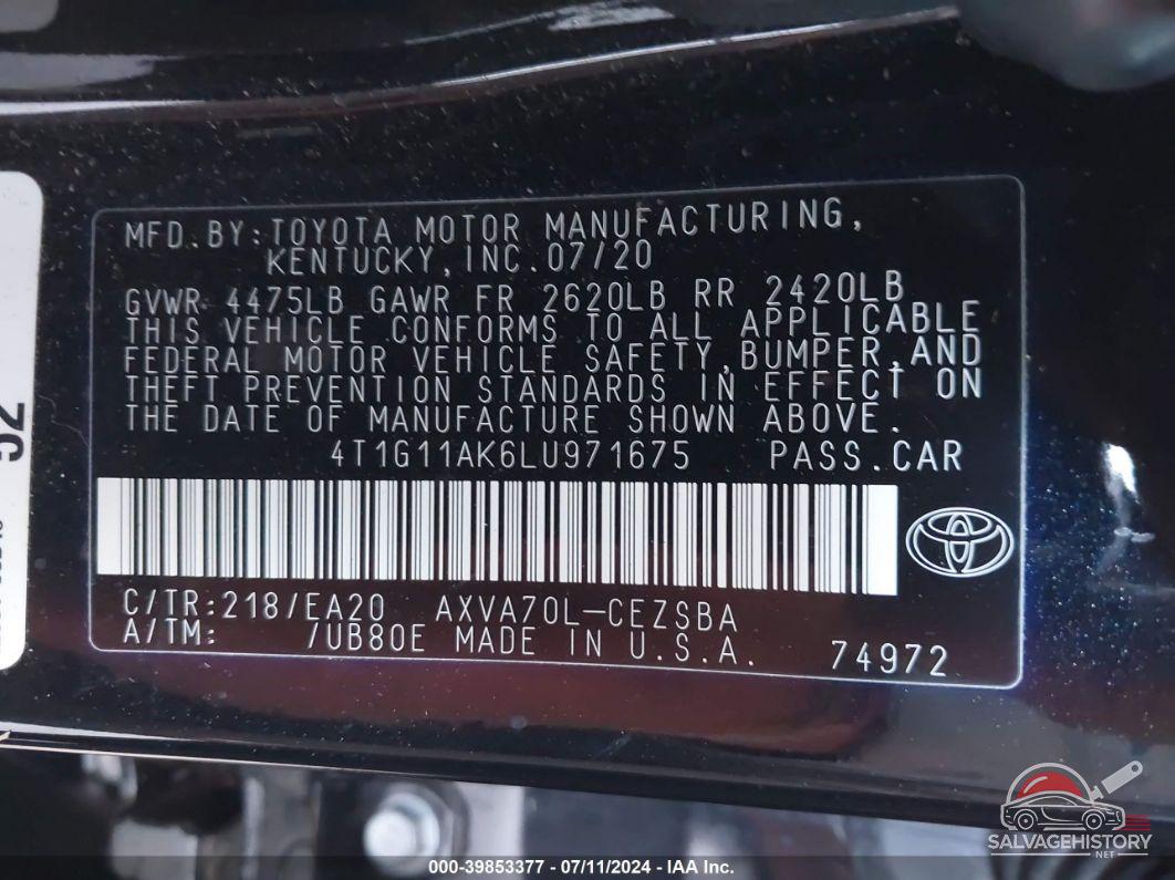 4T1G11AK6LU971675 2020 TOYOTA CAMRY photo no. 9
