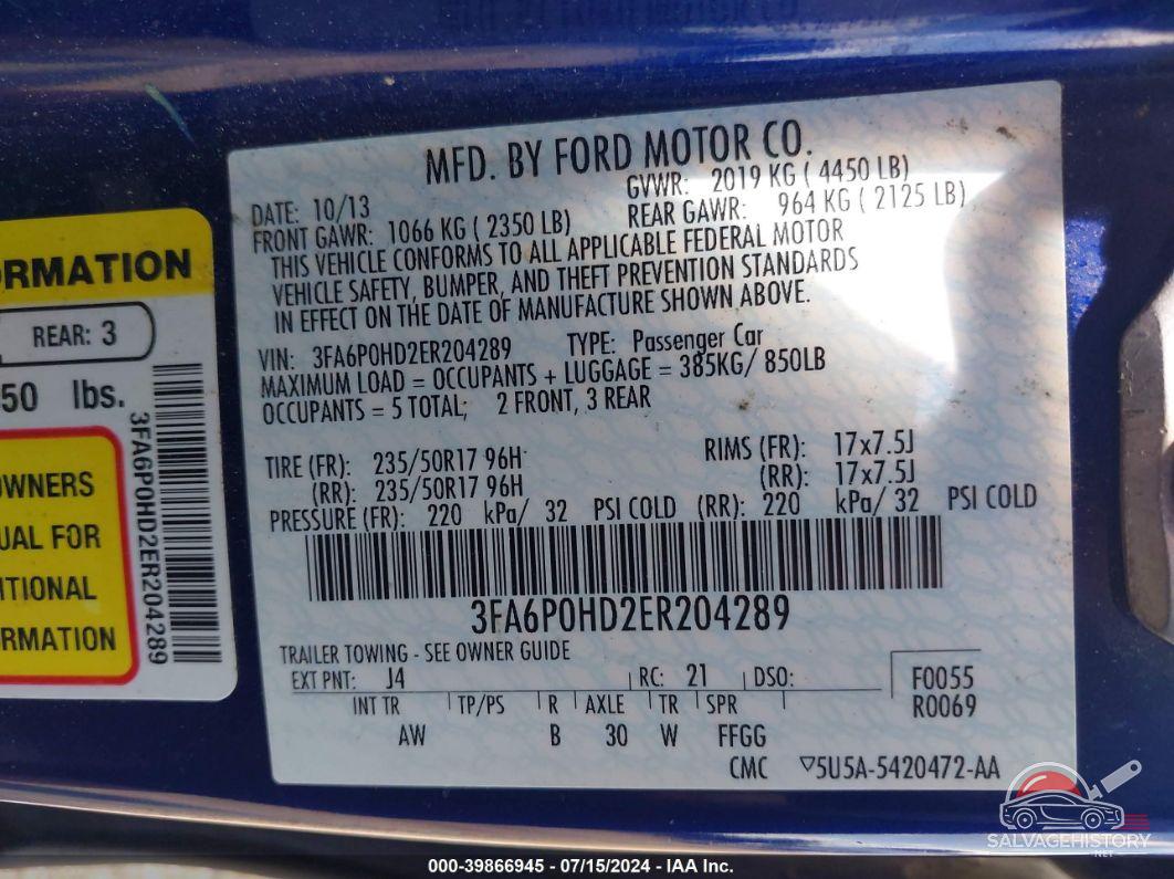 3FA6P0HD2ER204289 2014 FORD FUSION photo no. 9
