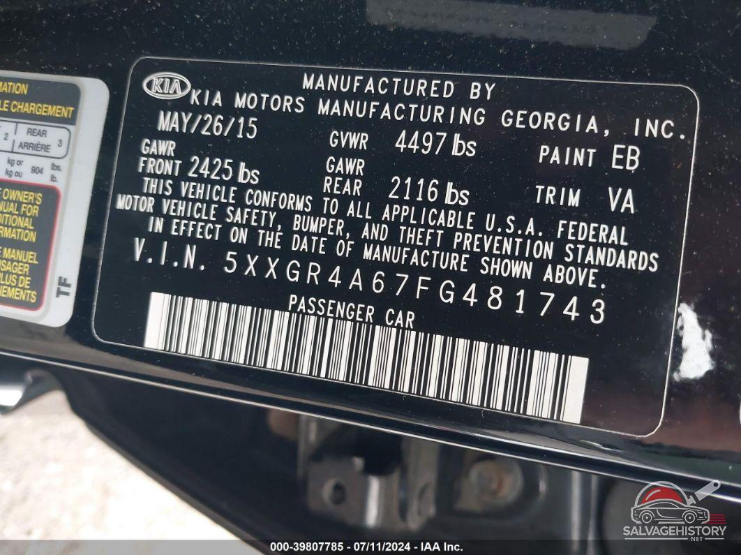 5XXGR4A67FG481743 2015 KIA OPTIMA photo no. 9